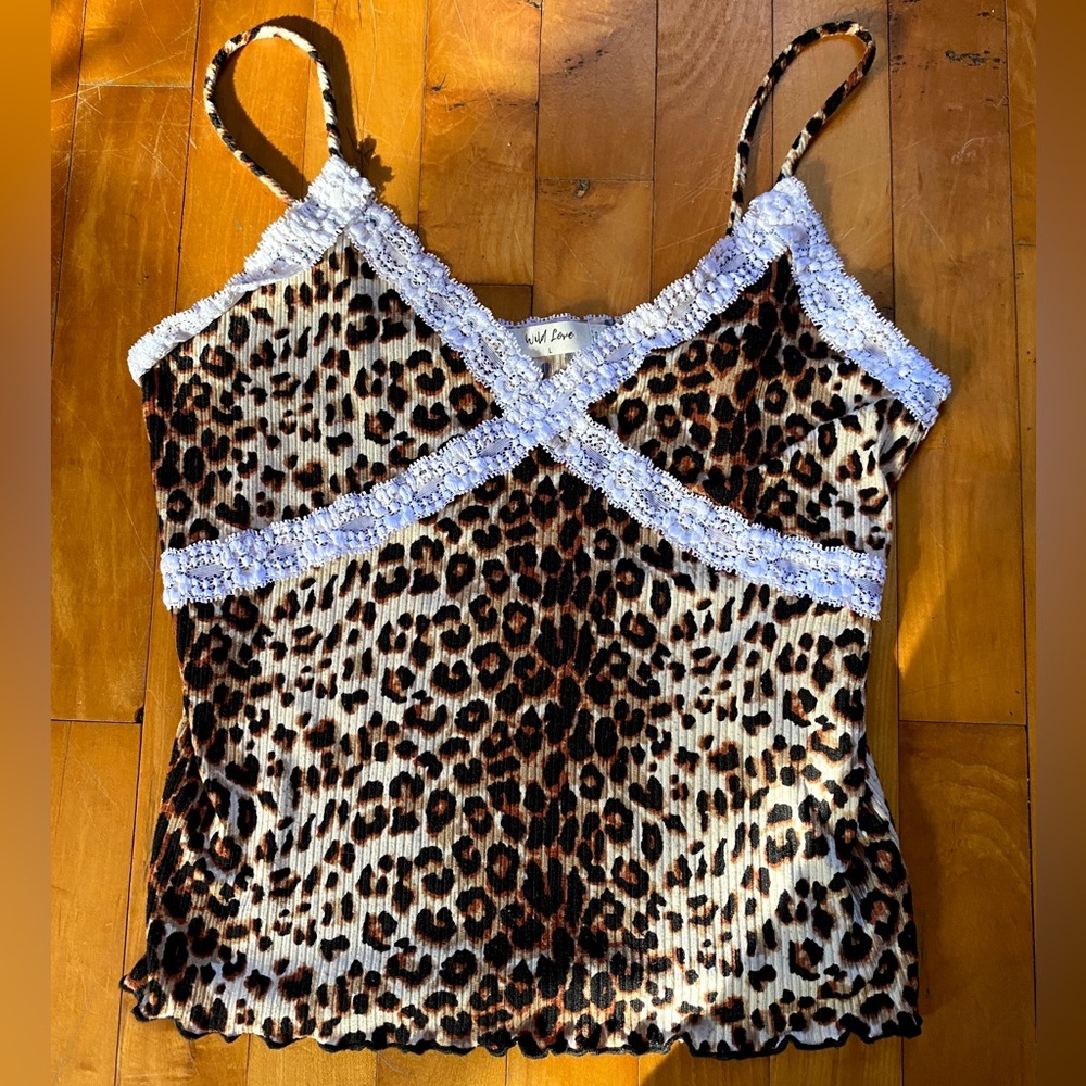Wild Love Cheetah Print Cami Top with White Lace- L